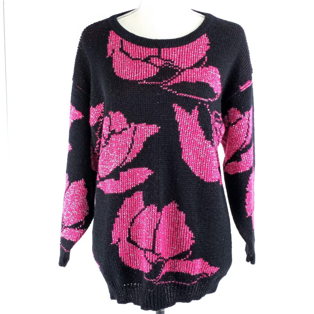 Vintage 80s Black & Pink Metallic Sparkle Floral Rose Knit Sweater Size M